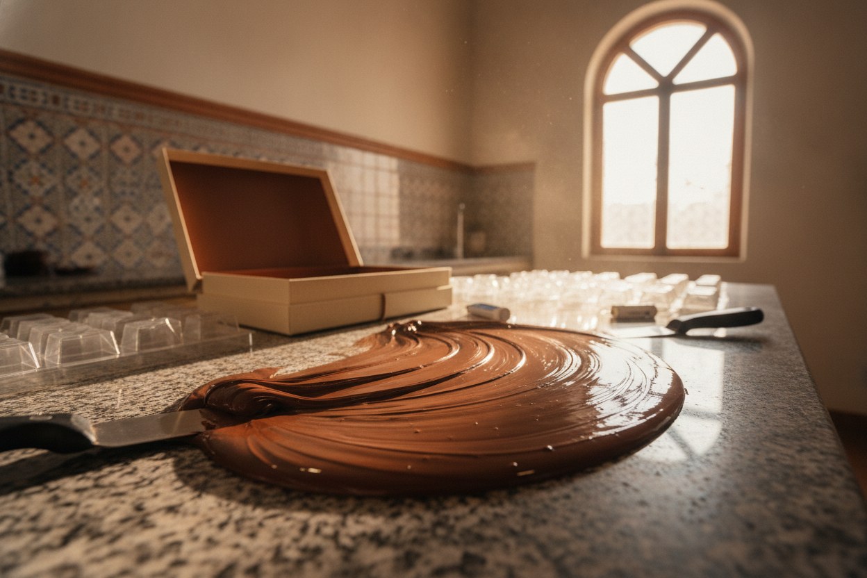 Mesa de templado con chocolate atemperado en el taller de Puebla